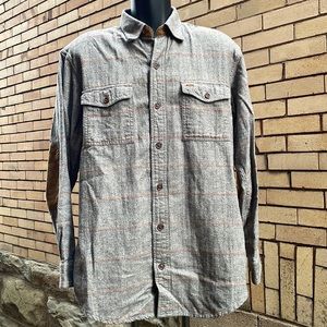 Orvis gray with tan suede elbow patches fairbanks button flannel Size Large